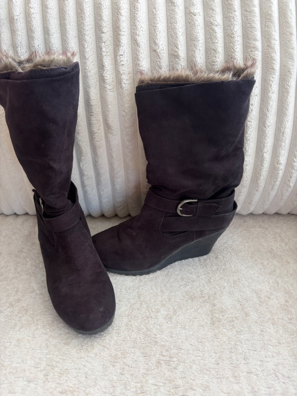 Faux-Fur Trim Wedge Mid-Calf Boots in Dark Brown